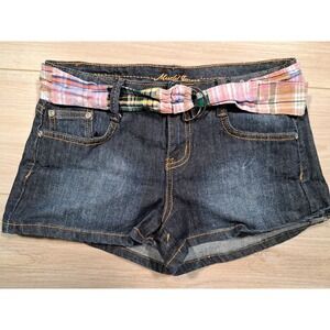 Mudd Jeans Womens Dark Wash Denim Shorts Plaid Belted Y2K Low Rise Size 3